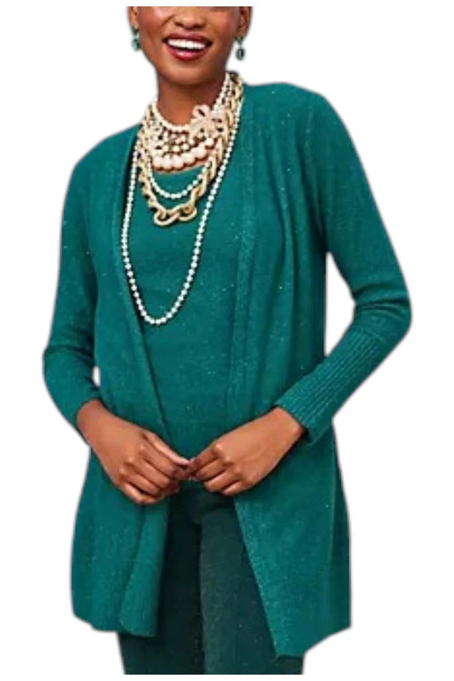 Isaac Mizrahi Live! Sequin Yarn Open Front Duster Cardigan Green - Regular